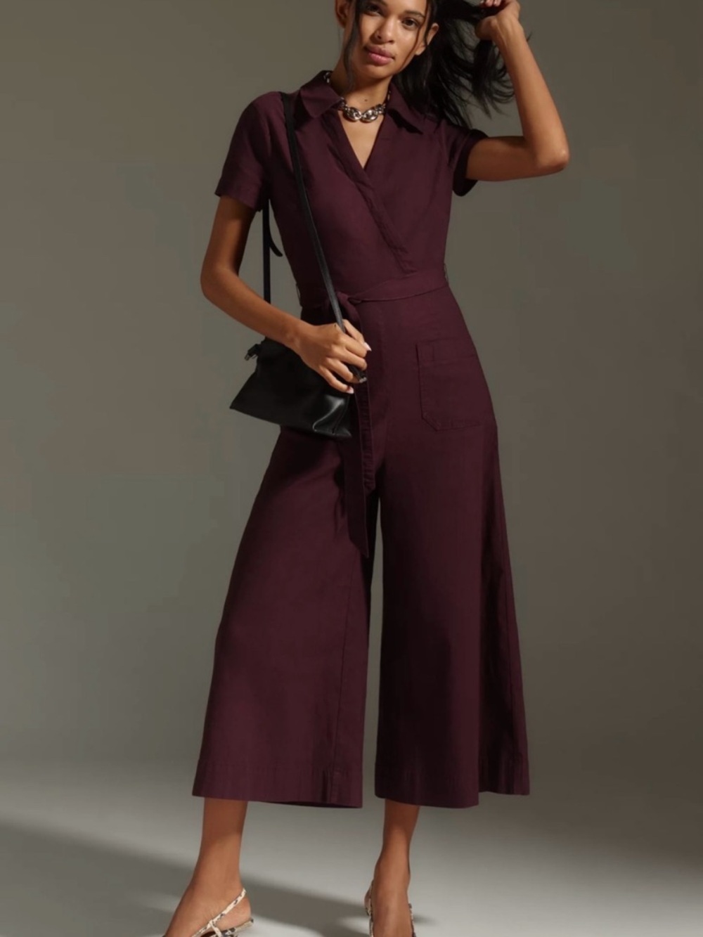 New Anthropologie Maeve Colette Wrap Belted Wide Leg Jumpsuit Purple Plum Fall 8